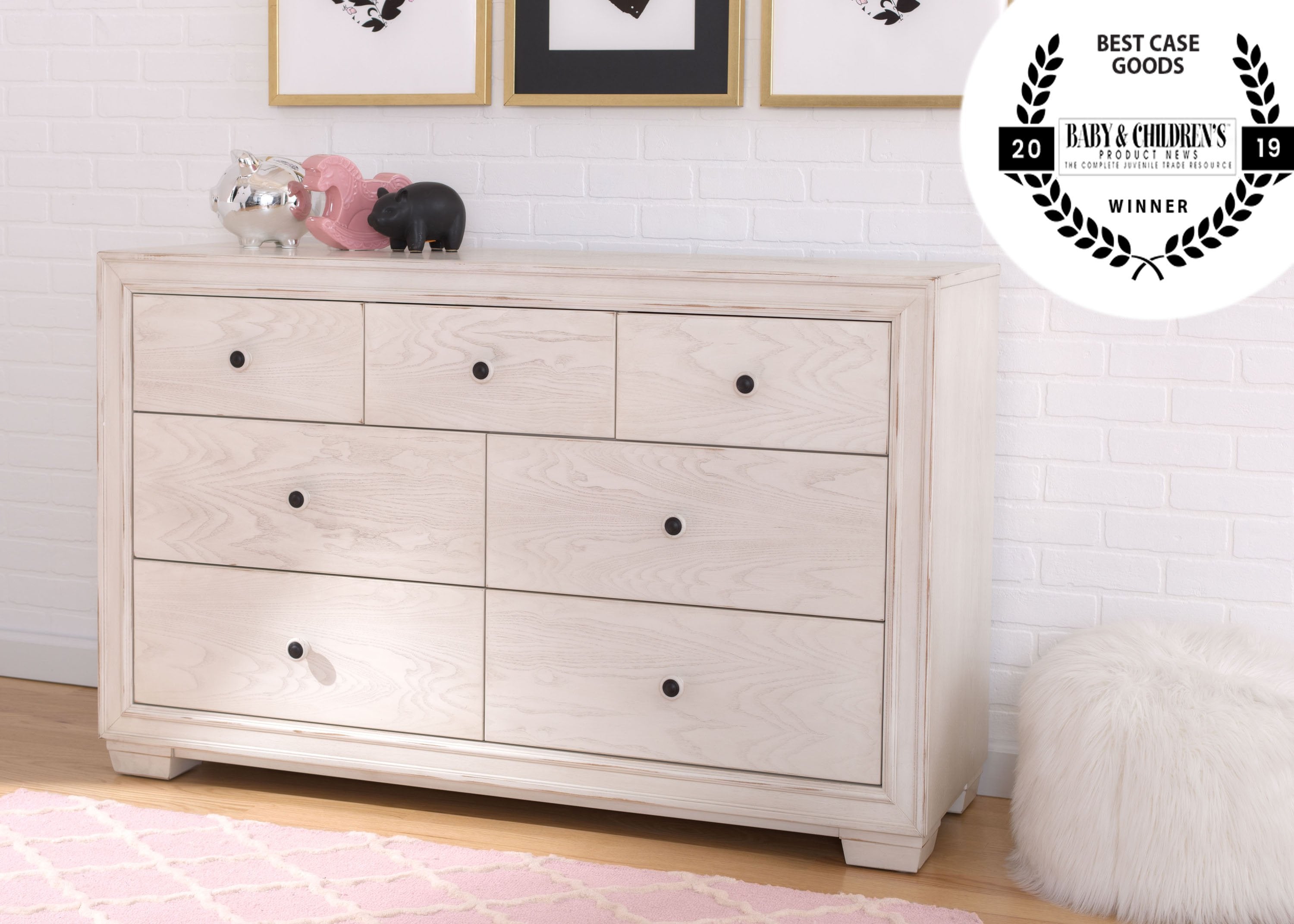 Simmons Kids Antique White (122) Ravello 7 Drawer Dresser, Hangtag View, a1a